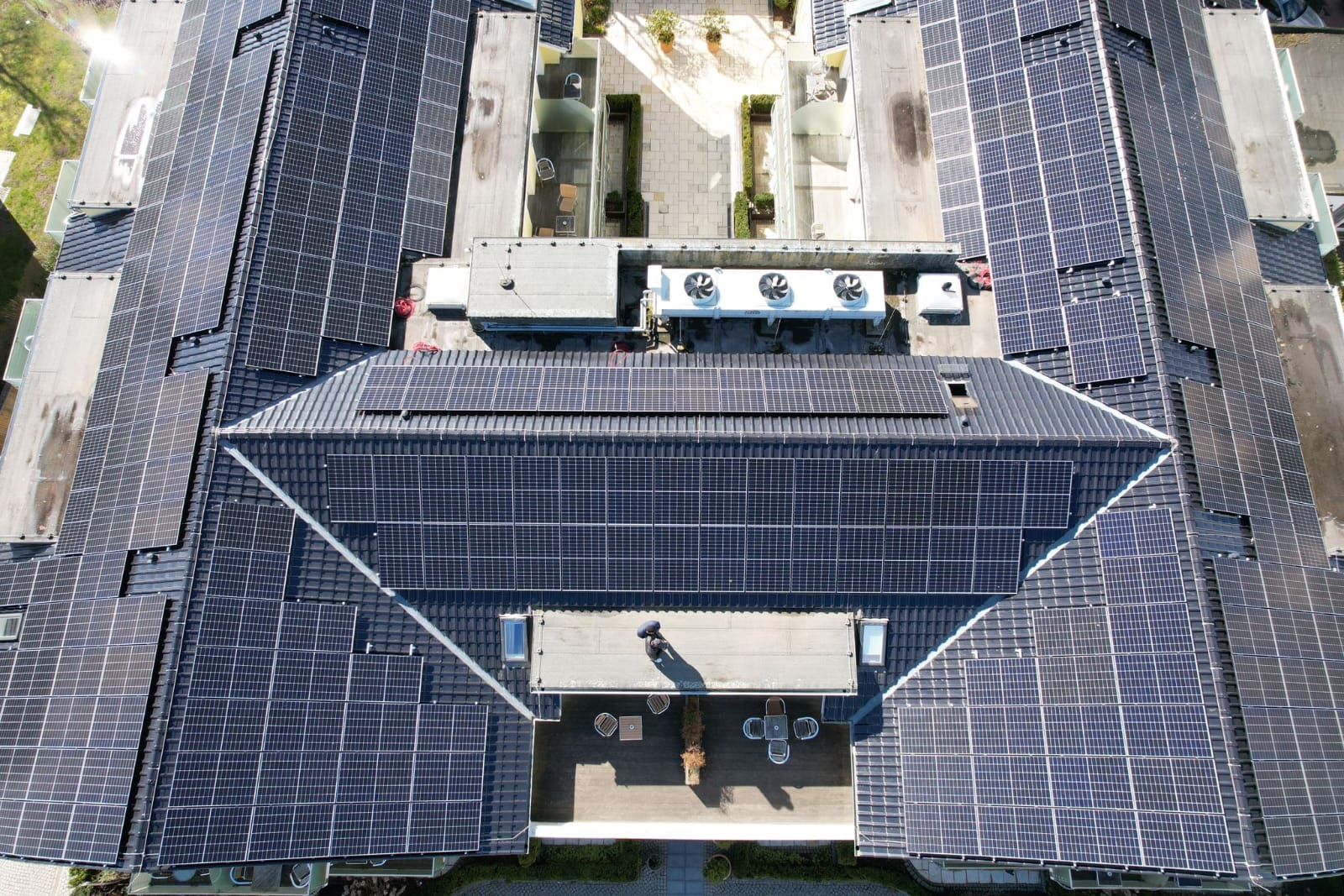 Aerial view of a completed rooftop system