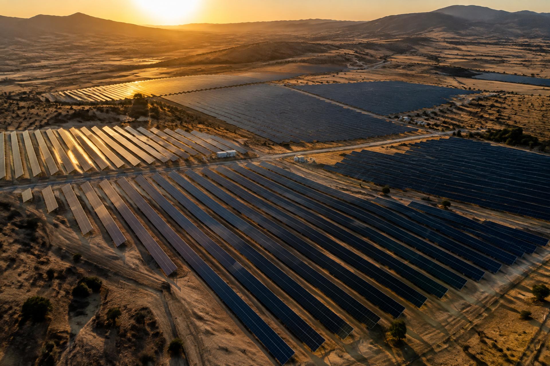 Huerto solar de gran escala en el interior de la Costa Blanca, Alicante, al atardecer